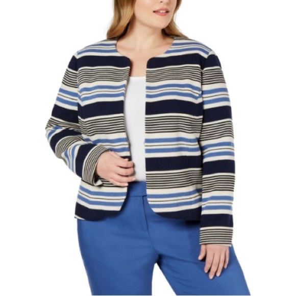 Anne Klein Stripe Tulip Hem Jacket Blue and Cream - Picture 13 of 14